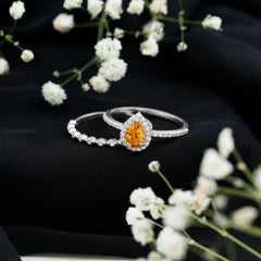 Real 0.6 Carat Citrine Teardrop Bridal Ring Set with Moissanite