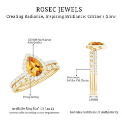 Real 0.6 Carat Citrine Teardrop Bridal Ring Set with Moissanite