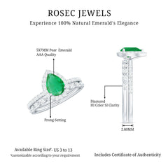 Natural Emerald Diamond Teardrop Engagement Ring and Wedding Band Set