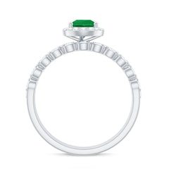 Natural Emerald Diamond Teardrop Engagement Ring and Wedding Band Set
