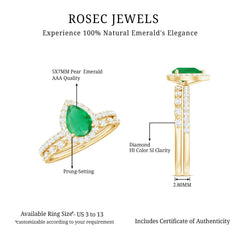 Natural Emerald Diamond Teardrop Engagement Ring and Wedding Band Set