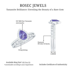 Natural Pear Shape Tanzanite Diamond Wedding Engagement Ring Set of 2