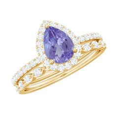 Natural Pear Shape Tanzanite Diamond Wedding Engagement Ring Set of 2