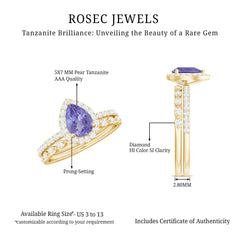 Natural Pear Shape Tanzanite Diamond Wedding Engagement Ring Set of 2