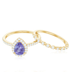 Natural Pear Shape Tanzanite Diamond Wedding Engagement Ring Set of 2