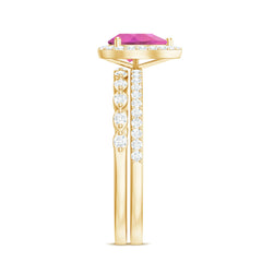 Teardrop Pink tourmaline Bridal Ring Set with Diamond