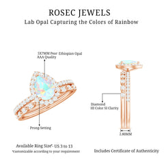 Natural Ethiopian Opal Diamond Pear Shaped Engagement Ring and Wedding Band Set