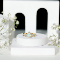Natural Ethiopian Opal Diamond Pear Shaped Engagement Ring and Wedding Band Set