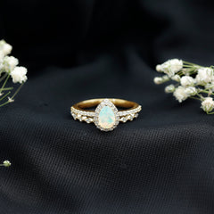 Natural Ethiopian Opal Diamond Pear Shaped Engagement Ring and Wedding Band Set