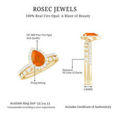 Teardrop Fire Opal Bridal Ring Set with Diamond
