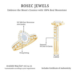 Teardrop Moonstone Bridal Ring Set with Diamond