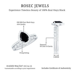 Pear Shaped Black Onyx and Diamond Halo Bridal Ring Set With Certificate