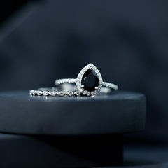 Pear Shaped Black Onyx and Diamond Halo Bridal Ring Set With Certificate
