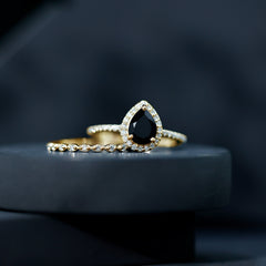 Pear Shaped Black Onyx and Diamond Halo Bridal Ring Set With Certificate