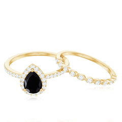 Natural Pear Shape Black Spinel Diamond Wedding Engagement Ring Set of 2