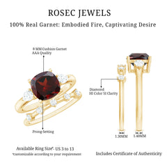 Natural 8 mm Cushion Cut Garnet Diamond Wedding Bridal Ring Set