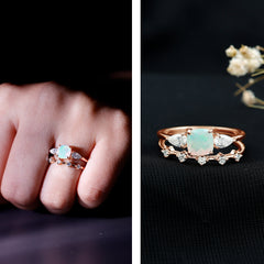 Cushion Cut Real Ethiopian Opal Wedding Ring Set with Moissanite