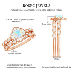 Vintage Inspired Ethiopian Opal Flower Engagement Ring with Wedding Band