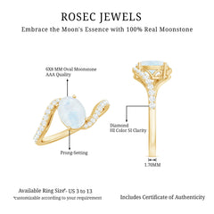 Oval Cut Solitaire Moonstone and Diamond Bypass Ring