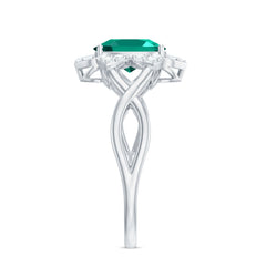 Certified Oval Lab Grown Emerald Diamond Flower Engagement Ring with Crossover Shank