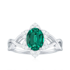 Certified Oval Lab Grown Emerald Diamond Flower Engagement Ring with Crossover Shank