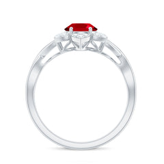 Oval Lab Grown Ruby Floral Ring with Diamond Halo