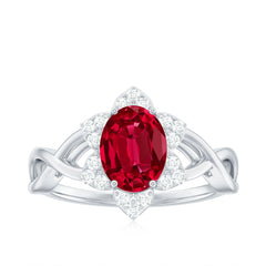 Oval Lab Grown Ruby Floral Ring with Diamond Halo