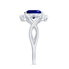 Certified 1.5 Carat Lab Grown Blue Sapphire Engagement Ring with Flower Diamond Halo
