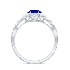Certified 1.5 Carat Lab Grown Blue Sapphire Engagement Ring with Flower Diamond Halo