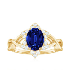 Certified 1.5 Carat Lab Grown Blue Sapphire Engagement Ring with Flower Diamond Halo