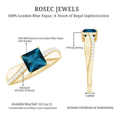 6mm Princess Cut London Blue Topaz Solitaire Engagement Ring with Certificate
