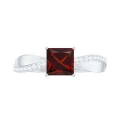 Princess Cut Garnet Solitaire Engagement Ring with Diamond
