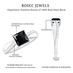 5mm Princess Cut Black Onyx Solitaire Engagement Ring with Diamond