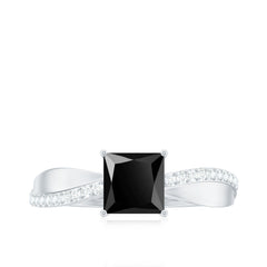 5mm Princess Cut Black Onyx Solitaire Engagement Ring with Diamond