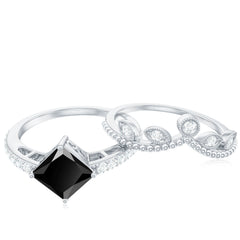 5mm Princess Cut Black Onyx Engagement Ring with Diamond Wedding Band
