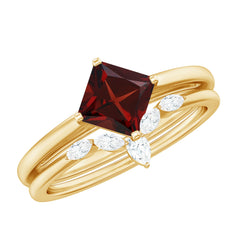 6MM Princess Cut Garnet Solitaire Bridal Ring Set with Diamonds