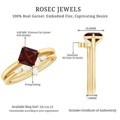6MM Princess Cut Garnet Solitaire Bridal Ring Set with Diamonds