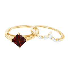 6MM Princess Cut Garnet Solitaire Bridal Ring Set with Diamonds