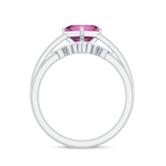 Princess Cut Pink Tourmaline Solitaire Ring Set with Diamond