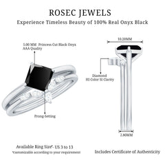 5mm Princess Cut Black Onyx Solitaire Rings Set with Diamond Enhancer