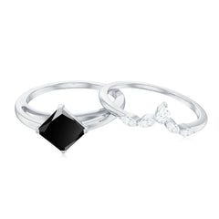5mm Princess Cut Black Onyx Solitaire Rings Set with Diamond Enhancer