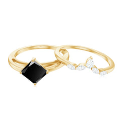5mm Princess Cut Black Onyx Solitaire Rings Set with Diamond Enhancer