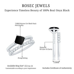 5mm Princess Cut Black Onyx Wedding Rings Set with Diamond Band
