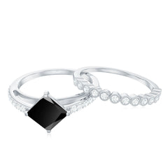 5mm Princess Cut Black Onyx Wedding Rings Set with Diamond Band