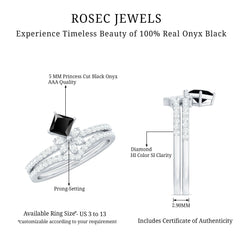 5mm Princess Cut Black Onyx Floral Rings Set with Diamond Band