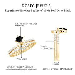 5mm Princess Cut Black Onyx Floral Rings Set with Diamond Band