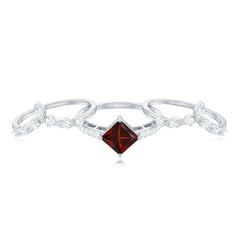 Vintage Looking Princess Cut Garnet 3 Piece Wedding Ring Set