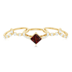 Vintage Looking Princess Cut Garnet 3 Piece Wedding Ring Set