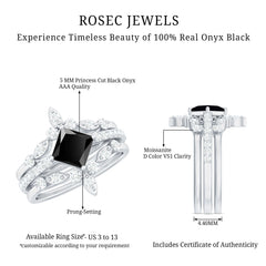 5mm Princess Cut Black Onyx Bridal Rings Set with Moissanite