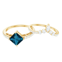 6mm Princess Cut London Blue Topaz and Diamond Wedding Ring Set